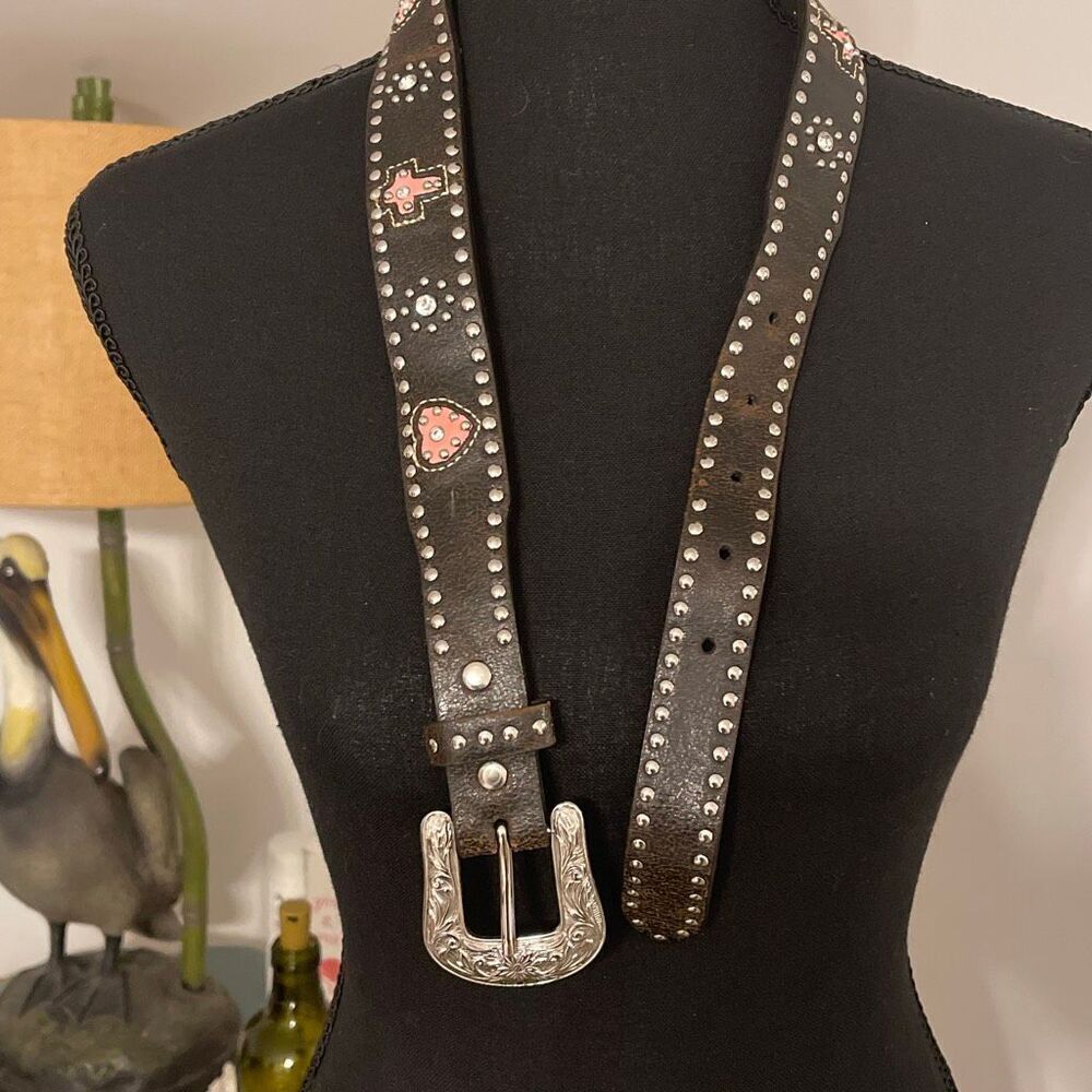 Nocona Women’s Jewel Studded Hearts/Crosses Leather/Silver Western Cowgirl Belt